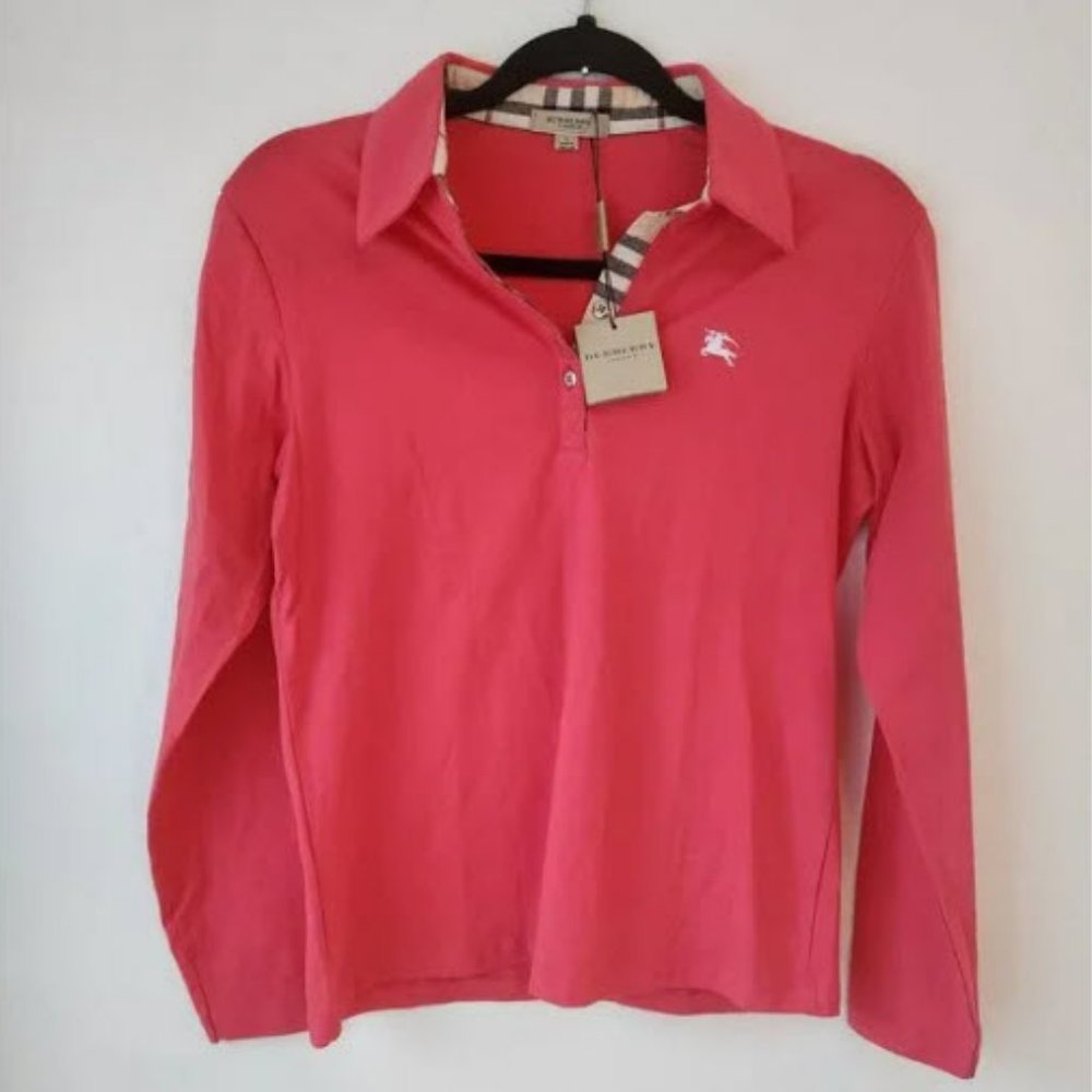 NWT Burberry Pink Novacheck Stretch Performance Fabric Long Sleeve Polo Girls L